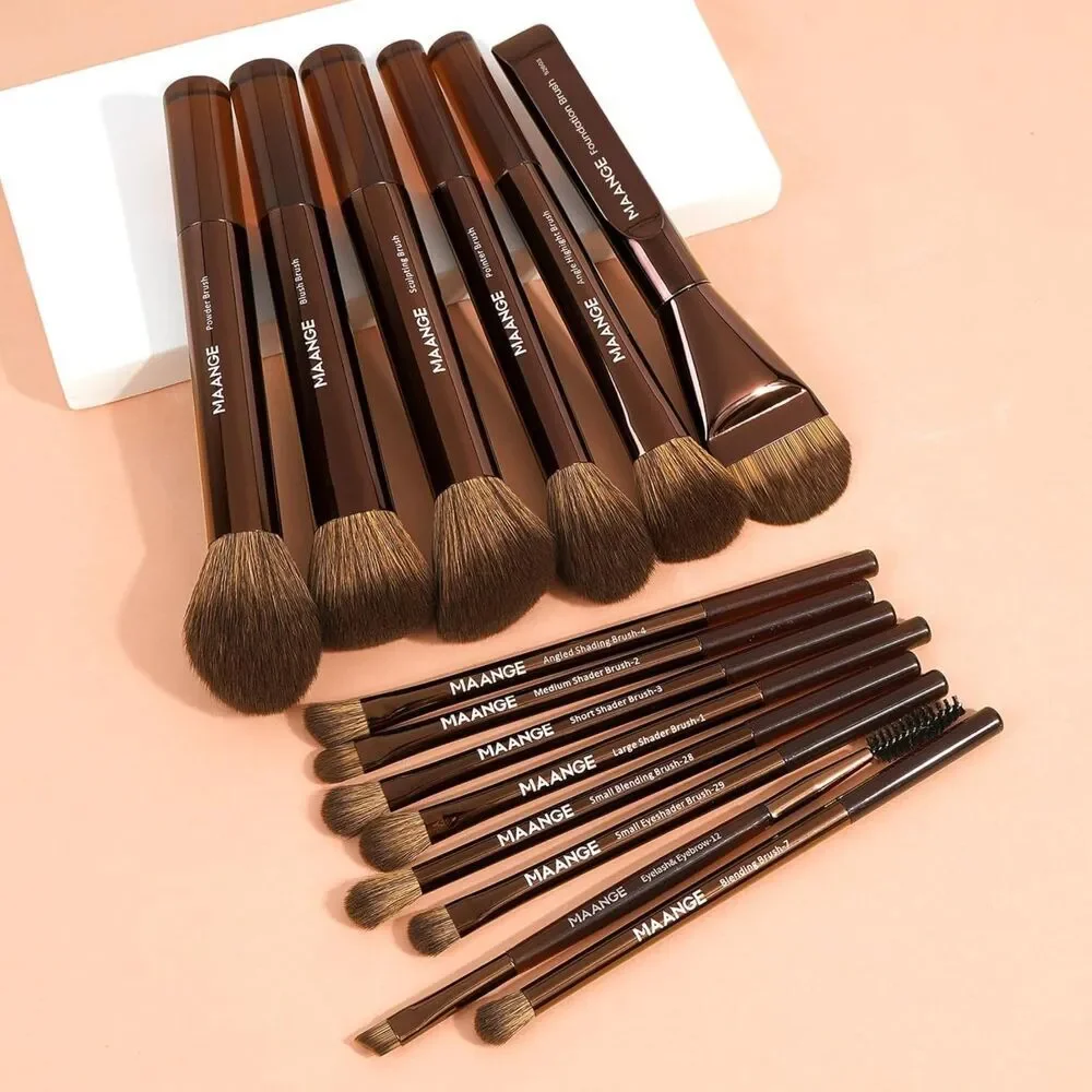 Maange 14pcs Coffee Premium Synthetic Makeup Brushes Set With Aluminum Ferrule